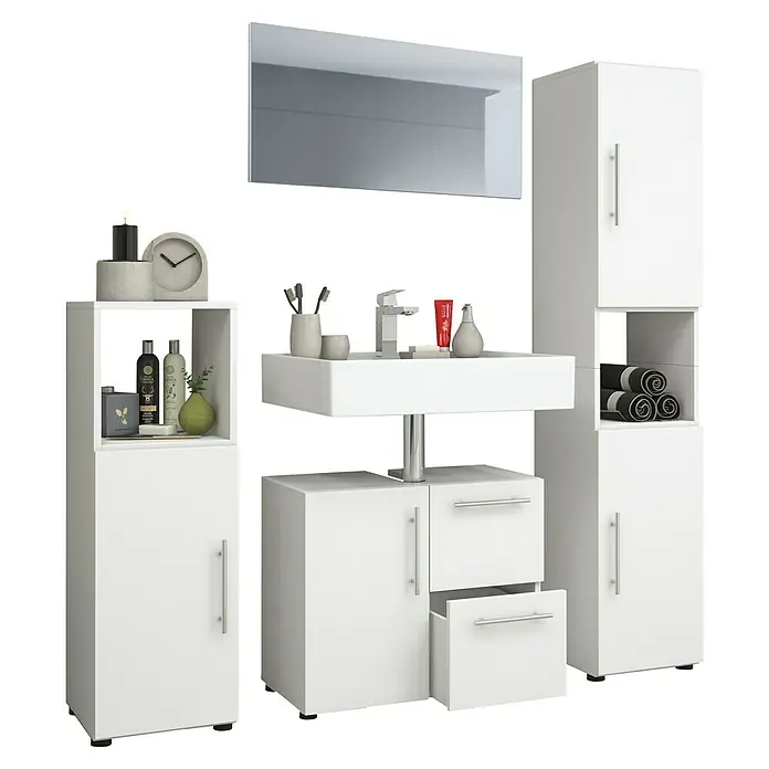 VCM Flandu Badmöbel-Set - Mit Spiegel, Gesamtbreite Badmöbel: 123 cm, Matt, 4 -tlg., Weiß - Elegantes Badezimmer-Set in Weiß mit Waschtisch, Spiegelschrank und Hochschrank für stilvolle Badgestaltung.\n