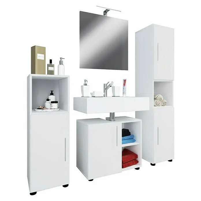 VCM Flandu III Badmöbel-Set - Gesamtbreite Badmöbel: 122 cm, Weiß, Matt, 4 -tlg. - Badezimmermöbelset in Weiß mit Spiegel, Waschbeckenunterschrank, Hochschrank und zusätzlichem Regal für ein stilvolles und funktionales Bad.