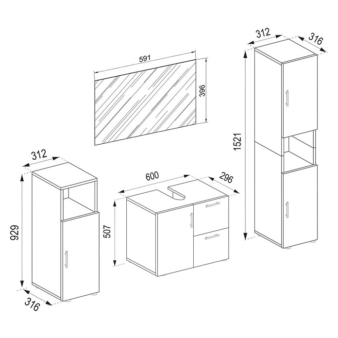 VCM Flandu Badmöbel-Set (Mit Spiegel, Gesamtbreite Badmöbel: 123 cm, Matt, 4 -tlg., Weiß/Schwarz) | BAUHAUS