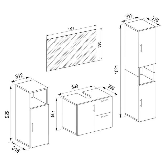 VCM Flandu Badmöbel-Set - Mit Spiegel, Gesamtbreite Badmöbel: 123 cm, Matt, 4 -tlg., Weiß/Honig-Eiche - Technische Zeichnung einer Badezimmerkombination mit Waschtischunterschrank, Spiegelschrank und Hochschrank mit Maßangaben.