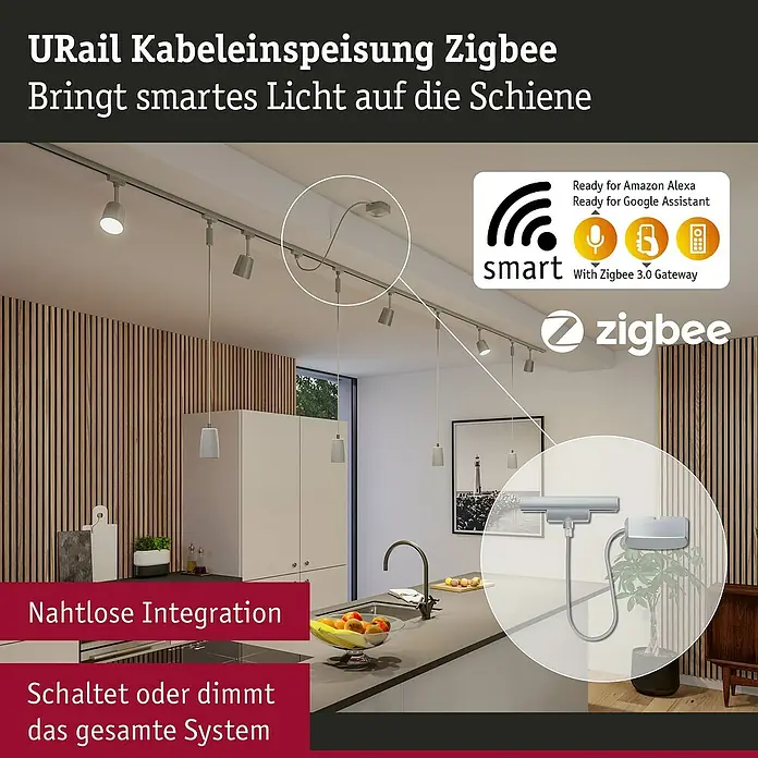 Paulmann URail Stromeinspeisung - 100 cm, 100 W, Chrom matt, Inkl. Endkappe - URail Kabeleinspeisung Zigbee: Intelligente Lichtsteuerung für URail-Schienensysteme. Nahtlose Integration und dimmbare Beleuchtung.