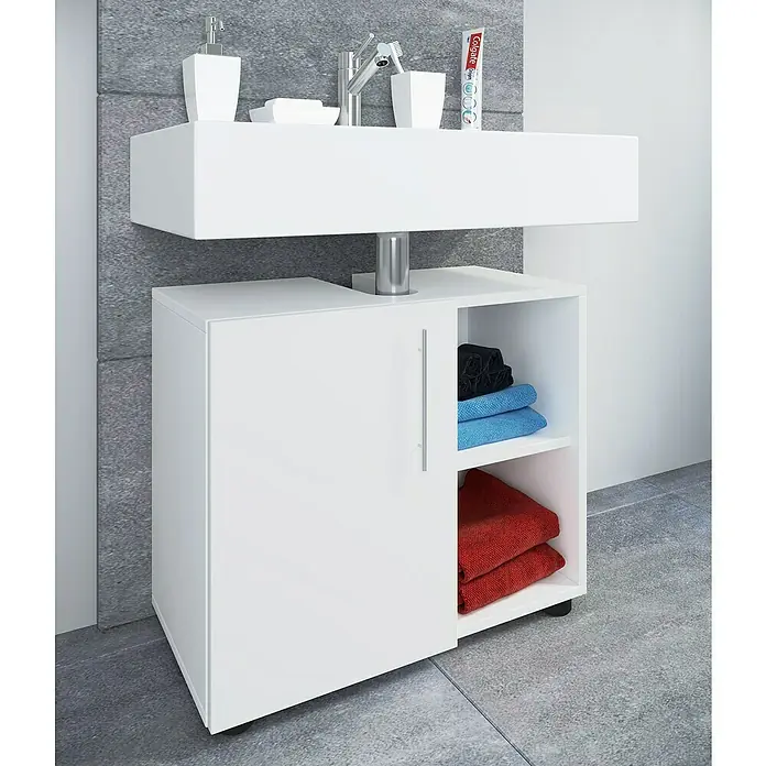 VCM Flandu III Waschtischunterschrank - B x T x H: 60,2 x 29,6 x 50,7 cm, Weiß, Matt - Weißer Waschtischunterschrank mit offenem Regal und Handtüchern im Badezimmer.