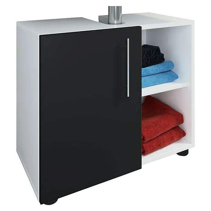 VCM Flandu III Waschtischunterschrank - B x T x H: 60,2 x 29,6 x 50,7 cm, Weiß/Schwarz, Matt - Ein moderner Badezimmerschrank in Weiß und Schwarz mit Handtüchern in verschiedenen Farben in den Regalen. Elegantes Design für jedes Badezimmer.
