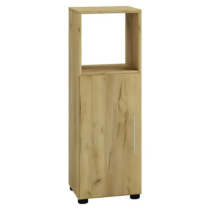 VCM Flandu Midischrank - B x T x H: 31 x 32 x 93 cm, Honig-Eiche, Matt - Holzfarbener Hochschrank mit einer offenen Ablage und einer Tür mit einem silberfarbenen Griff. Praktisch für Bad oder Wohnbereich.