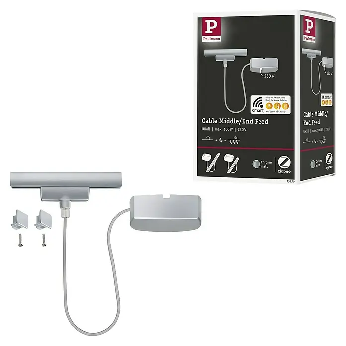 Paulmann URail Stromeinspeisung - 100 cm, 100 W, Chrom matt, Inkl. Endkappe - Abbildung einer Paulmann URail Cable Middle/End Feed Leuchte in Chrom matt, mit Zigbee-Kompatibilität und Smart Home Integration.