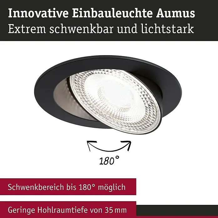 Paulmann LED-Einbauspot - Warmweiß, Durchmesser: 10,5 cm, Schwarz, 1 Stk. - Produktbild einer innovativen Aumus Einbauleuchte. Sie ist schwenkbar und hat eine geringe Einbautiefe von 35 mm.