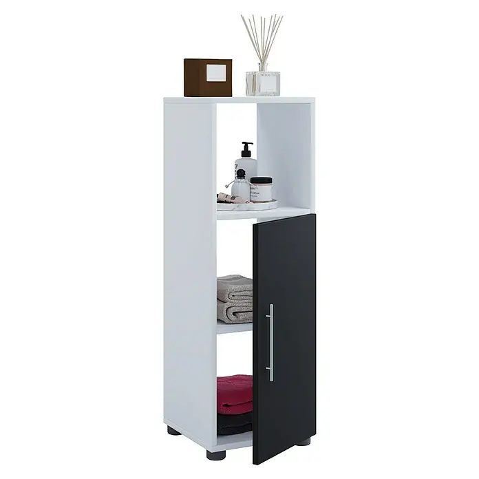 VCM Flandu Midischrank - B x T x H: 31 x 32 x 93 cm, Weiß/Schwarz, Matt - Aufnahme eines weißen Hochschranks mit einer schwarzen Tür, der Toilettenartikel und gefaltete Handtücher enthält.