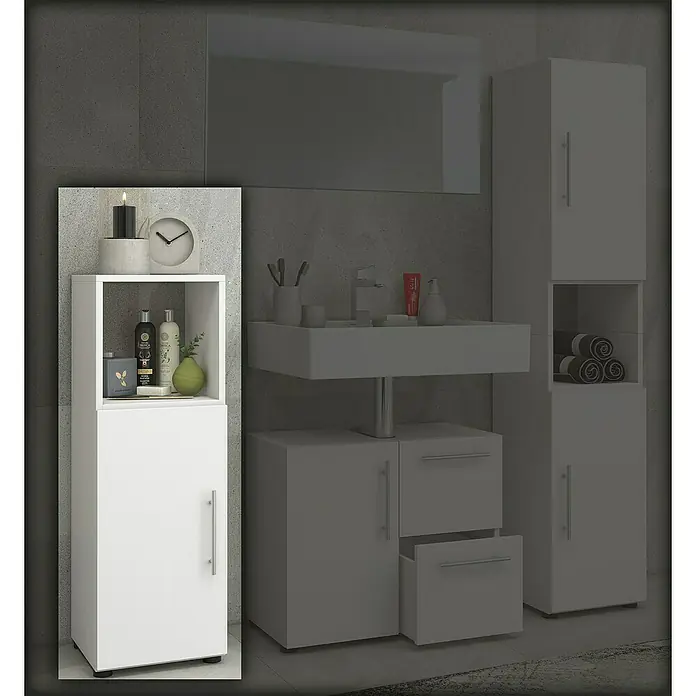 VCM Flandu Midischrank - B x T x H: 31 x 32 x 93 cm, Weiß, Matt - Ein moderner, weißer Badezimmerschrank mit offenem Regal und einer Tür bietet stilvollen Stauraum für Badutensilien.