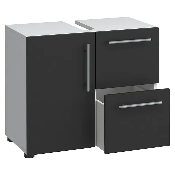 VCM Flandu Waschtischunterschrank - B x T x H: 61 x 32 x 51 cm, Weiß/Schwarz, Matt - Ein moderner Waschbeckenunterschrank in Grau und Anthrazit mit Schubladen und Tür, ideal für Badezimmer.