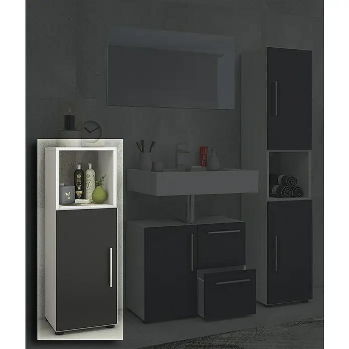 VCM Flandu Midischrank - B x T x H: 31 x 32 x 93 cm, Weiß/Schwarz, Matt - Modernes Badezimmer mit einem Waschbeckenunterschrank in Anthrazit und Weiß, ergänzt durch einen passenden Hochschrank mit offenem Regal.