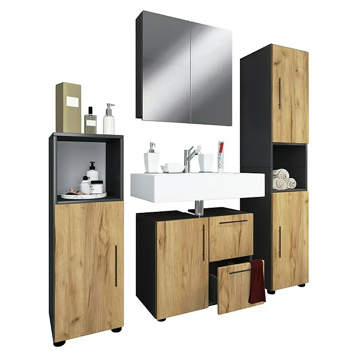 VCM Flandu Badmöbel-Set - Mit Spiegelschrank, Gesamtbreite Badmöbel: 123 cm, Anthrazit/Honig-Eiche, Matt, 4 -tlg. - Ein moderner Waschtisch mit viel Stauraum. Der Schrank bietet viel Platz für Badutensilien, während der Spiegel das Badezimmer optisch vergrößert.