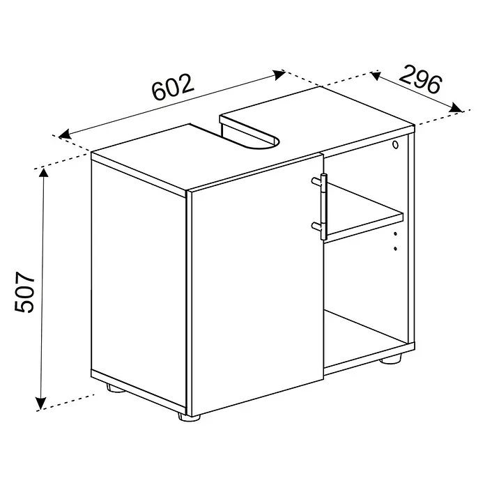 VCM Flandu III Waschtischunterschrank - B x T x H: 60,2 x 29,6 x 50,7 cm, Weiß/Schwarz, Matt - Schemazeichnung eines Badezimmerunterschranks mit Schublade rechts und den Maßen 602 x 296 x 507 mm.