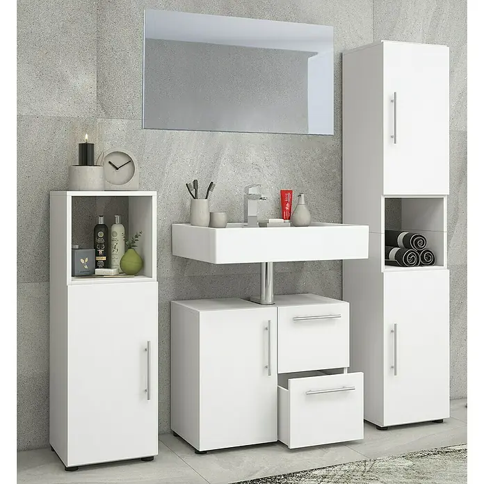 VCM Flandu Badmöbel-Set - Mit Spiegel, Gesamtbreite Badmöbel: 123 cm, Matt, 4 -tlg., Weiß - Badezimmerset in Weiß mit Waschtisch, Spiegelschrank und Hochschrank. Praktische Badmöbel für mehr Stauraum und ein stilvolles Ambiente im Badezimmer.