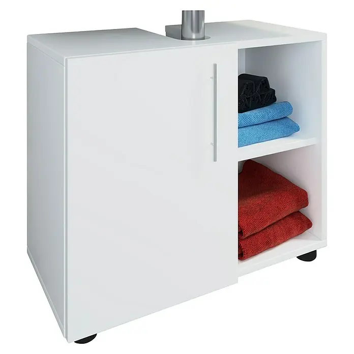 VCM Flandu III Waschtischunterschrank - B x T x H: 60,2 x 29,6 x 50,7 cm, Weiß, Matt - Ein weißer Badezimmerschrank mit offener Tür, der farbige Handtücher auf zwei Regalen zeigt, kombiniert Funktionalität mit Stauraum.