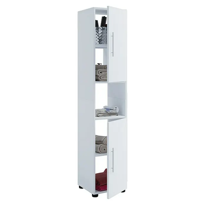 VCM Flandu Hochschrank - B x T x H: 31 x 30 x 160 cm, Weiß, Matt - Ein schlanker, weißer Badezimmerschrank mit offenen und geschlossenen Regalen, der Handtücher und Badaccessoires stilvoll aufbewahrt.