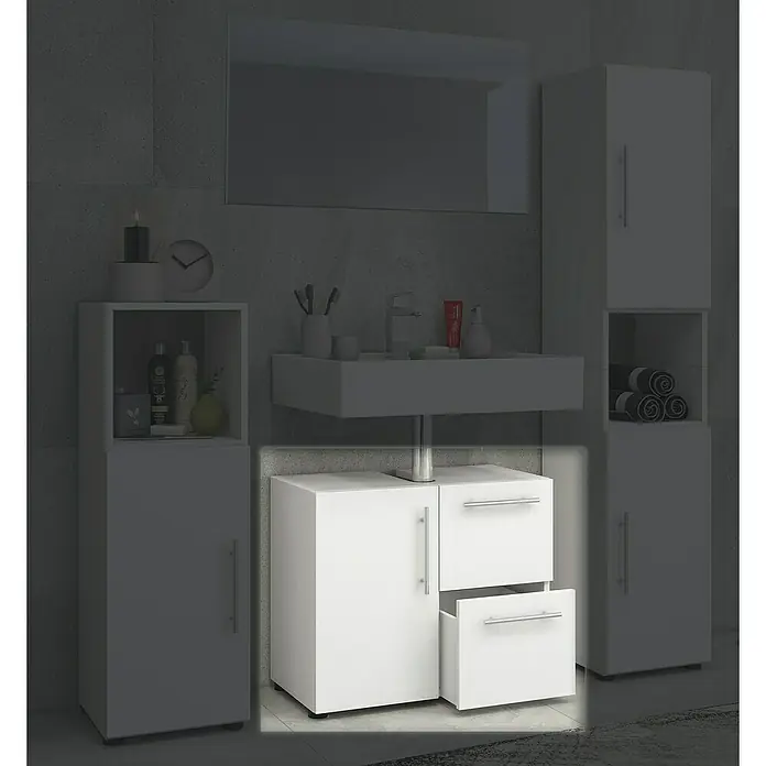 VCM Flandu Waschtischunterschrank - B x T x H: 61 x 32 x 51 cm, Weiß, Matt - Modernes Badezimmer mit weißem Waschtischunterschrank, der zusätzlichen Stauraum bietet. Die Schublade ist geöffnet.