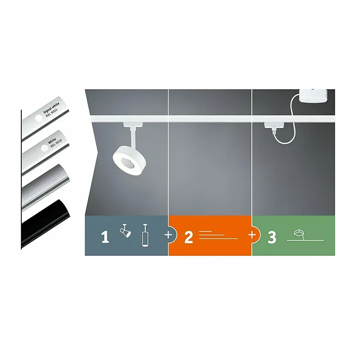 Paulmann URail Stromeinspeisung - 100 cm, 100 W, Chrom matt, Inkl. Endkappe - Produktbild eines Schienensystems mit verschiedenen Lampen, Schienenfarben und Zubehör für flexible Beleuchtungslösungen.