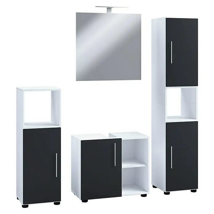 VCM Flandu III Badmöbel-Set - Gesamtbreite Badmöbel: 122 cm, Weiß/Schwarz, Matt, 4 -tlg. - Modernes Badezimmermöbel-Set mit Spiegel, Hochschrank und Unterschrank in Schwarz-Weiß-Optik.