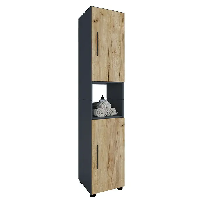 VCM Flandu Hochschrank - B x T x H: 31 x 30 x 160 cm, Anthrazit/Honig-Eiche, Matt - Hängender Badezimmerschrank in Holzoptik mit grauen Seiten, Regalfach und zwei Türen mit Griffen für ein stilvolles Badezimmer.