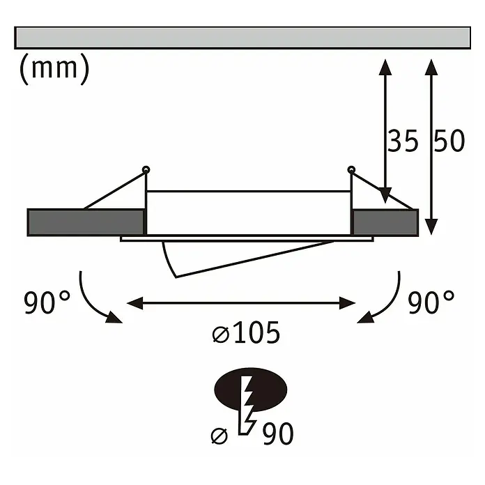 Paulmann LED-Einbauspot - Warmweiß, Durchmesser: 10,5 cm, Chrom matt, 3 Stk. - Technische Zeichnung einer Einbauleuchte mit Maßen.