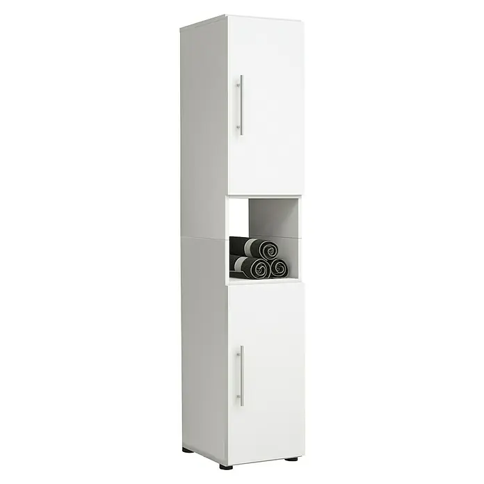VCM Flandu Hochschrank - B x T x H: 31 x 30 x 160 cm, Weiß, Matt - Ein schlanker, weißer Hochschrank mit offenen Ablageflächen, ideal für Badezimmer oder Waschküche.