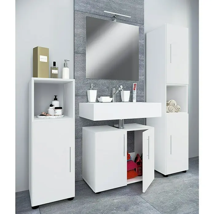 VCM Flandu II Badmöbel-Set - Gesamtbreite Badmöbel: 122 cm, Weiß, Matt, 4 -tlg. - Ein modernes Badezimmer-Set in Weiß mit Spiegel, Waschbeckenunterschrank, Seitenschrank und Hochschrank für ein stilvolles Ambiente.