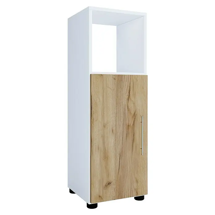 VCM Flandu Midischrank - B x T x H: 31 x 32 x 93 cm, Weiß/Honig-Eiche, Matt - Ein Hochschrank mit einer Holztür und einem weißen Rahmen mit einem offenen Fach darüber.