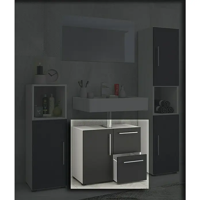 VCM Flandu Waschtischunterschrank - B x T x H: 61 x 32 x 51 cm, Weiß/Schwarz, Matt - Modernes Badezimmer-Set mit Waschbeckenunterschrank, Spiegelschrank und Hochschrank in Grau und Weiß für ein stilvolles Ambiente.