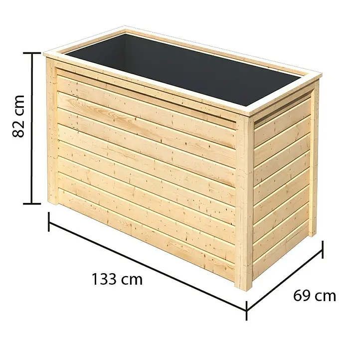 Karibu Hochbeet - 133 x 69 x 82 cm, Holz, Natur - Abbildung eines rechteckigen Holzpflanzkastens mit den Maßen 133 cm x 69 cm x 82 cm.