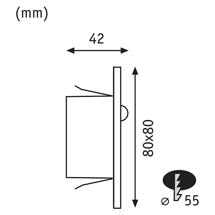 Paulmann LED-Wandstrahler - 2,2 W, L x B x H: 4,2 x 8 x 8 cm, Schwarz, Warmweiß - Schemazeichnung eines 80x80mm großen Produkts mit den Maßen 42mm und einem Durchmesser von 55mm.