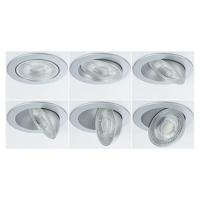 Paulmann LED-Einbauspot - Warmweiß, Durchmesser: 10,5 cm, Chrom matt, 3 Stk. - Das Bild zeigt eine Nahaufnahme von sechs schwenkbaren LED-Deckeneinbauleuchten mit silbernen Rahmen, die an einer weißen Decke montiert sind.