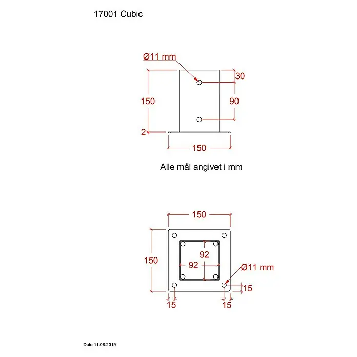 Plus Aufschraubhülse für Pfosten 9 cm - L x B x H: 15 x 15 x 15 cm, Silber - Abbildung eines Produkts mit den Maßen 150x150 mm, Löchern von Ø11 mm und einer Höhe von 150 mm. Alle Maße sind in Millimetern angegeben.