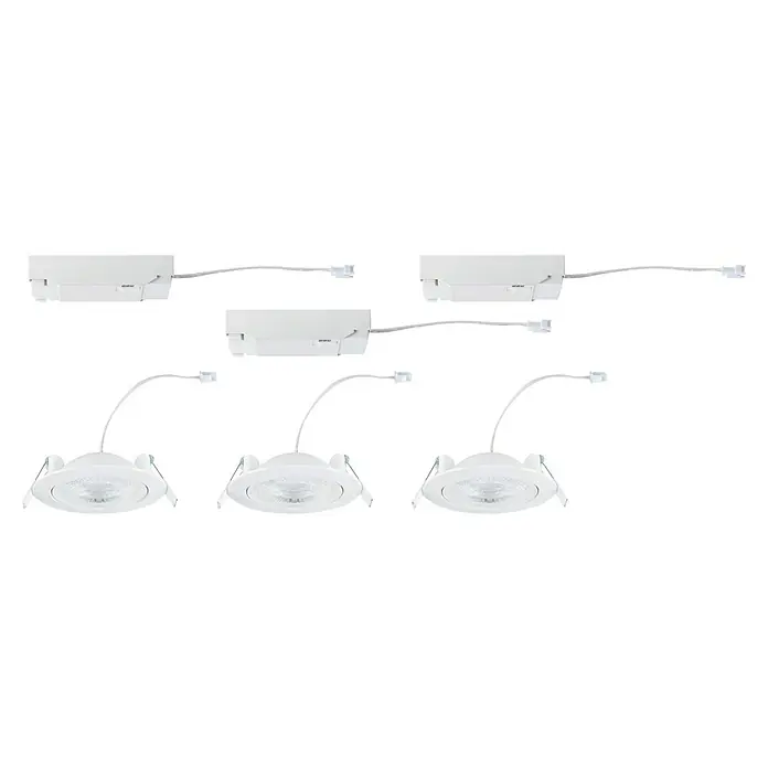 Paulmann LED-Einbauspot - Warmweiß, Durchmesser: 10,5 cm, Weiß, 3 Stk. - Nahaufnahme eines dreifachen LED-Einbaustrahlersystems in Weiß, das eine moderne und effiziente Beleuchtungslösung darstellt.