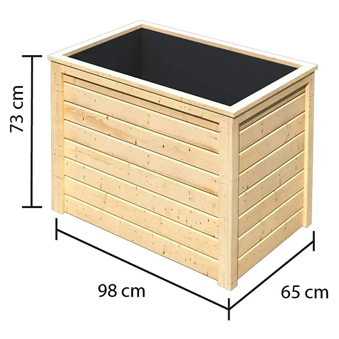 Karibu Hochbeet - 98 x 65 x 64 cm, Holz, Natur - Bild einer Holz-Pflanzkiste mit den Maßen 73 x 98 x 65 cm.