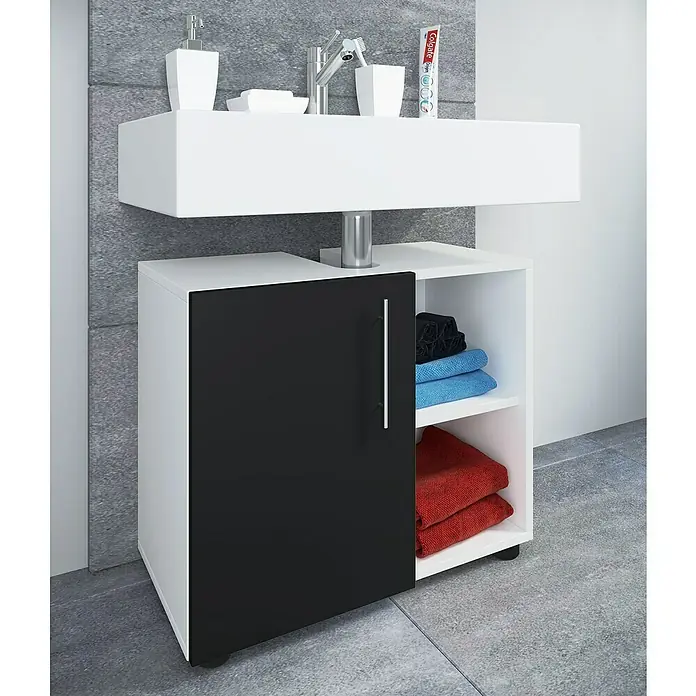 VCM Flandu III Waschtischunterschrank - B x T x H: 60,2 x 29,6 x 50,7 cm, Weiß/Schwarz, Matt - Modernes Badezimmer-Waschbecken mit Unterschrank in Weiß und Schwarz. Praktische Badmöbel für mehr Stauraum im Bad.