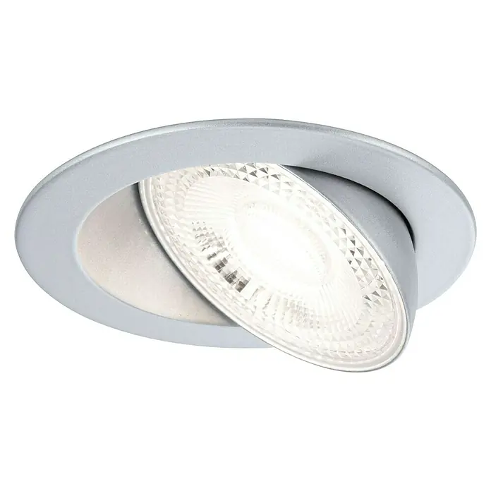 Paulmann LED-Einbauspot - Warmweiß, Durchmesser: 10,5 cm, Chrom matt, 1 Stk. - Nahaufnahme einer schwenkbaren LED-Einbauleuchte mit silbernem Rahmen, die ein helles, modernes Lichtdesign für Innenräume bietet.