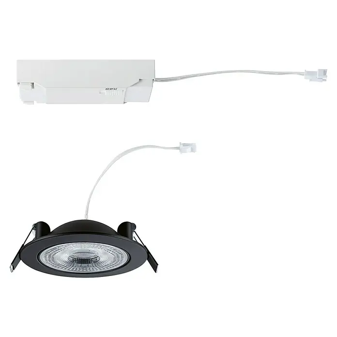 Paulmann LED-Einbauspot - Warmweiß, Durchmesser: 10,5 cm, Schwarz, 1 Stk. - Nahaufnahme einer schwarzen LED-Einbauleuchte mit Treiber und Anschlusskabel. Das Licht ist auf einem schwarzen Hintergrund isoliert.