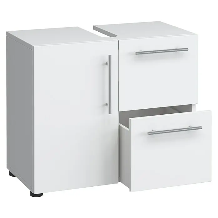 VCM Flandu Waschtischunterschrank - B x T x H: 61 x 32 x 51 cm, Weiß, Matt - Weißer Badezimmerschrank mit einer Tür und zwei Schubladen, eine davon geöffnet, mit silbernen Griffen.