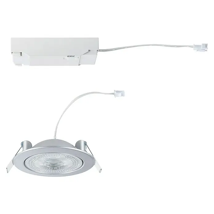 Paulmann LED-Einbauspot - Warmweiß, Durchmesser: 10,5 cm, Chrom matt, 1 Stk. - Nahaufnahme einer LED-Einbauleuchte, die an einem weißen Stromschienen-System befestigt ist, ideal für moderne Innenräume.