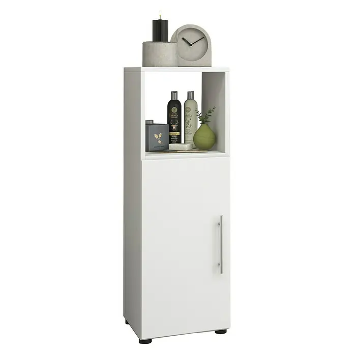 VCM Flandu Midischrank - B x T x H: 31 x 32 x 93 cm, Weiß, Matt - Weißer Badezimmerschrank mit offenem Regal, dekoriert mit Kosmetikprodukten und einer stilvollen Uhr, die Eleganz und Funktionalität vereint.