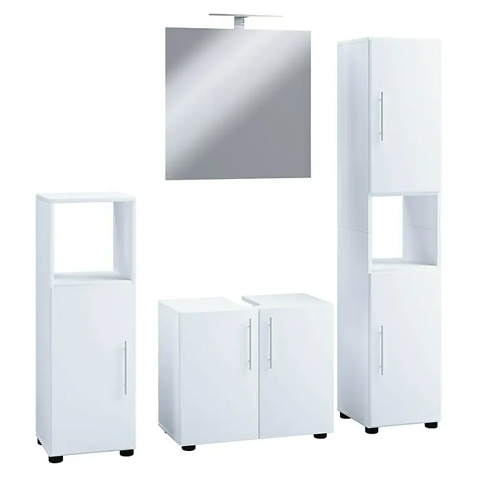 VCM Flandu II Badmöbel-Set - Gesamtbreite Badmöbel: 122 cm, Weiß, Matt, 4 -tlg. - Moderne Badezimmermöbel in Weiß, bestehend aus Hochschrank, Waschbeckenunterschrank und Spiegelschrank, ideal für ein stilvolles Badezimmerdesign.
