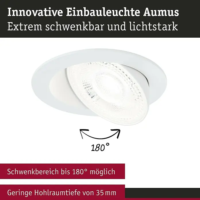 Paulmann LED-Einbauspot - Warmweiß, Durchmesser: 10,5 cm, Weiß, 3 Stk. - Abbildung einer Aumus Einbauleuchte, die um 180° schwenkbar und sehr hell ist. Kompakte Bauweise mit geringer Hohlraumtiefe.