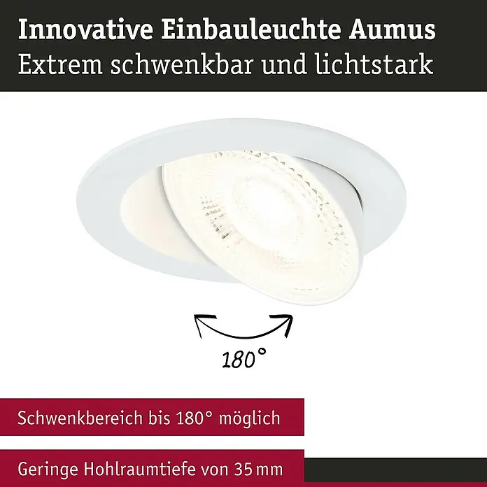 Paulmann LED-Einbauspot - Warmweiß, Durchmesser: 10,5 cm, Weiß, 1 Stk. - Produktbild einer weißen, schwenkbaren Einbauleuchte namens Aumus. Die Leuchte ist extrem schwenkbar und bietet helles Licht.