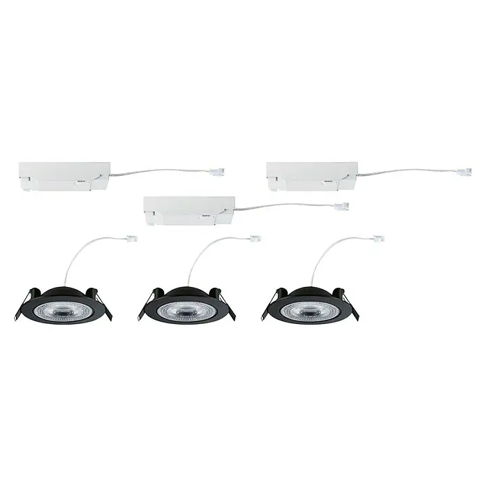 Paulmann LED-Einbauspot - Warmweiß, Durchmesser: 10,5 cm, Schwarz, 3 Stk. - Produktansicht: Eine elegante Leuchte mit drei Strahlern, ideal für moderne Innenräume. Mit Schienen für flexible Beleuchtungsoptionen.