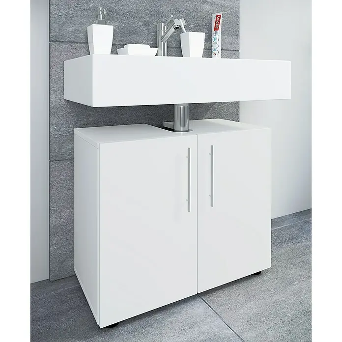 VCM Flandu II Waschtischunterschrank - B x T x H: 60,2 x 29,6 x 50,7 cm, Weiß, Matt - Moderner Badezimmerschrank mit Waschbecken. Das Set beinhaltet Armaturen, einen Seifenspender, eine Seife, einen Becher und eine Zahnpastatube.
