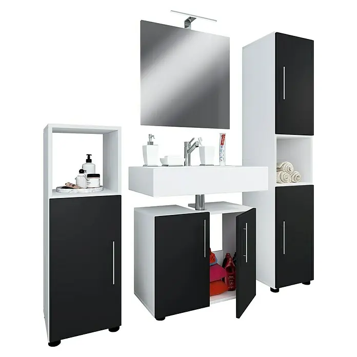 VCM Flandu II Badmöbel-Set - Gesamtbreite Badmöbel: 122 cm, Weiß/Schwarz, Matt, 4 -tlg. - Badezimmermöbel-Set in Schwarz und Weiß mit Waschbeckenunterschrank, Spiegelschrank und Seitenschrank für ein modernes Ambiente.