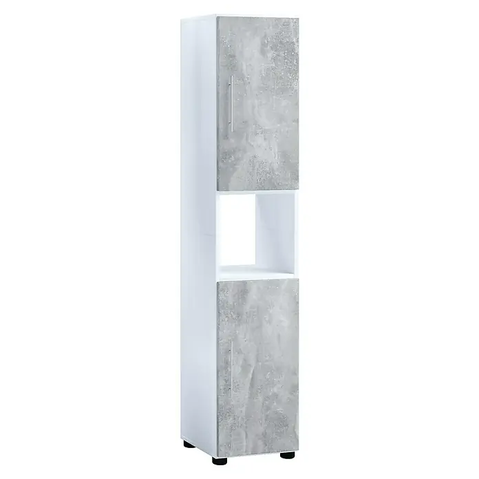 VCM Flandu Hochschrank - B x T x H: 31 x 30 x 160 cm, Weiß/Beton-Optik, Matt - Ein moderner weißer Hochschrank mit grauen Beton-Türen und einem offenen Fach in der Mitte, ideal für Badezimmer oder Wohnbereiche.