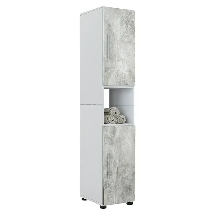 VCM Flandu Hochschrank - B x T x H: 31 x 30 x 160 cm, Weiß/Beton-Optik, Matt - Grauer und weißer Hochschrank mit zwei Türen und einem offenen Fach in der Mitte zur Aufbewahrung von Handtüchern.