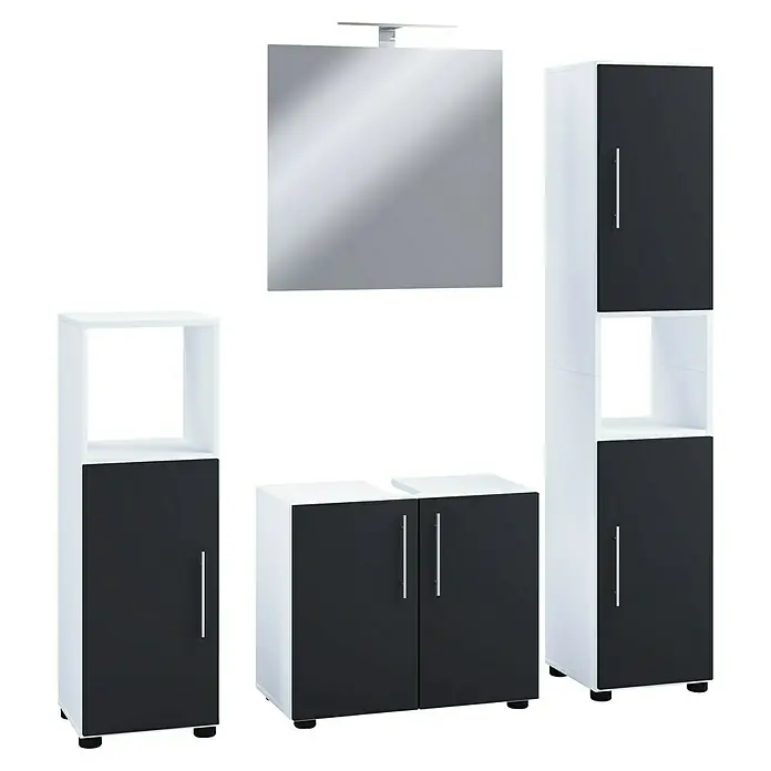VCM Flandu II Badmöbel-Set - Gesamtbreite Badmöbel: 122 cm, Weiß/Schwarz, Matt, 4 -tlg. - Modernes Badezimmermöbel-Set in Schwarz und Weiß mit Spiegel und LED-Leuchte für ein stilvolles und funktionales Badambiente.