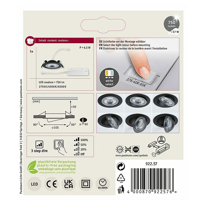 Paulmann LED-Einbauspot (Warmweiß, Durchmesser: 10,5 cm, Schwarz, 1 Stk.) | BAUHAUS